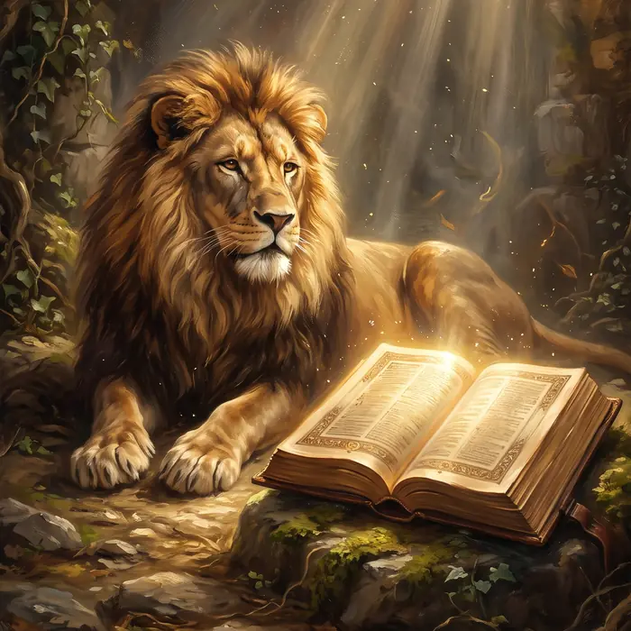 Un león descansa junto a una Biblia abierta bajo rayos de luz dorada